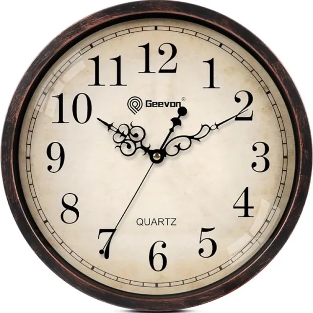 PromoHome Stille Wandklok 30 cm – Retro Vintage Ronde Klok met Houten Rand, Niet Tikkend, Quartz, Bruin