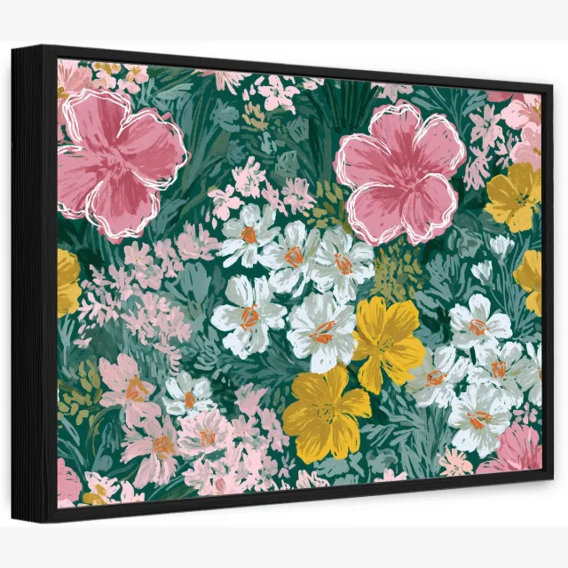 WALLARENA Canvas schilderij met zwarte lijst 60x40 cm - bloemenweide in bohostijl Meerkleurig