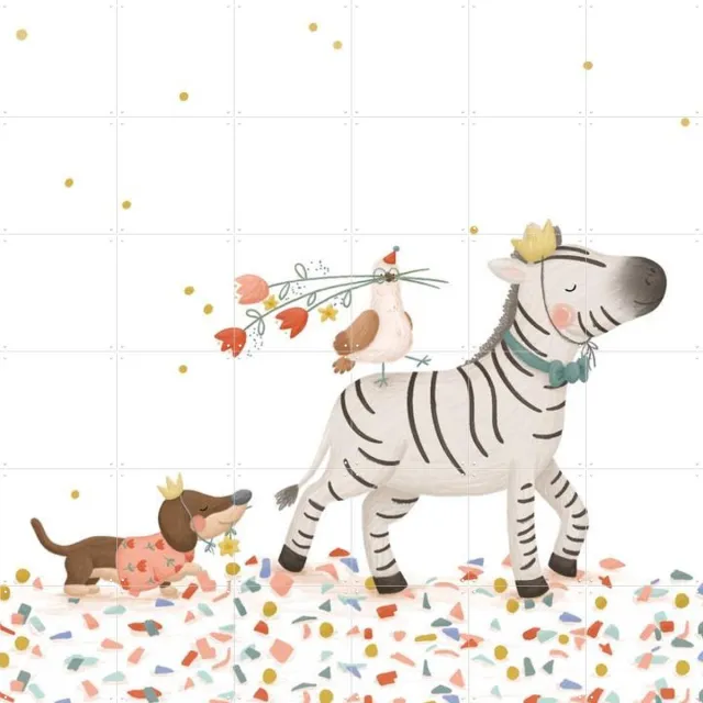 IXXI Confetti Party, Studio Phie - 120 x 120 cm - Grote wanddecoratie en posters - Cartoonesk, Fantasierijk, Speels, Illustraties, Kleurrijk Roze