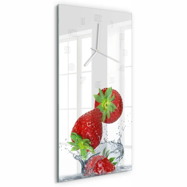 TULUP Wandklok - Aardbeien Decoratieve Glazen Klok - 30x60 cm - Rood Glazen Wandklok Design - Witte handen - Rechthoekige Klok - Glazen Klok Met Print - Wandklok Glas Met Motief