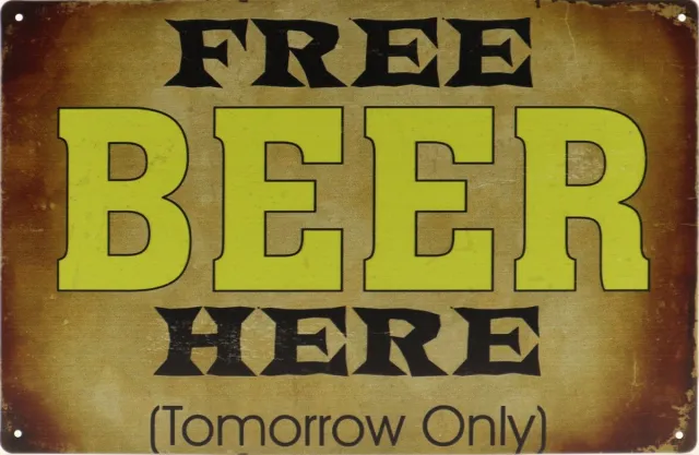 Vintage art Wandbord – Free beer here - Retro - Wanddecoratie – Reclame bord – Restaurant – Kroeg - Bar – Cafe - Horeca – Metal Sign – 20x30cm Multi