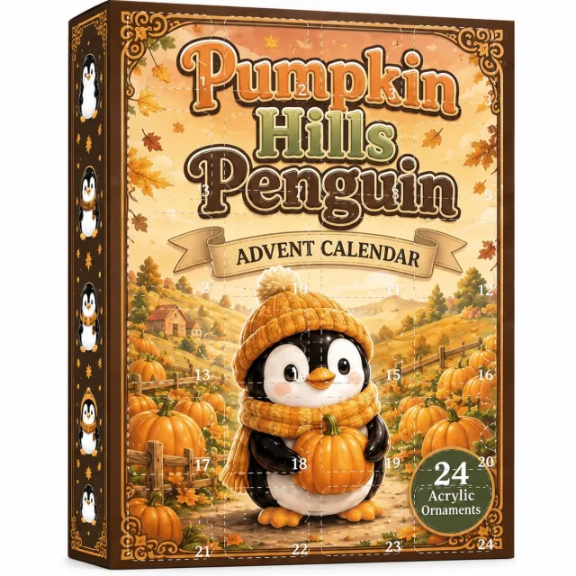 SWGOTA Adventskalender met pinguïns - 24 platte acrylhangers met herfst- en pompoenmotieven - kerstdecoratie in kartonnen doos Zwart