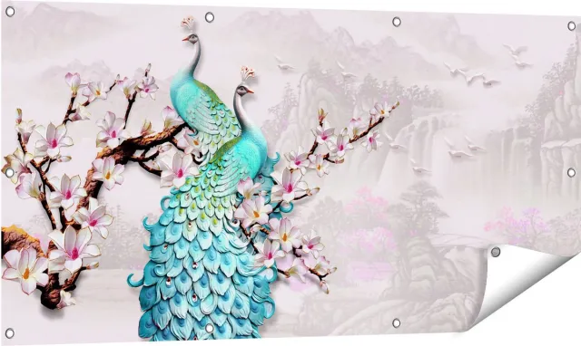 Gards Tuinposter Twee Blauwe Pauwen - Abstract - 120x60 cm - Tuindoek - Tuindecoratie - Wanddecoratie buiten - Tuinschilderij Multikleur