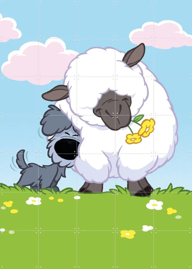 IXXI Woezel & het Schaap, Woezel & Pip & Van Hoorne Studios - 100 x 140 cm - Grote wanddecoratie en posters - Illustraties, Kleurrijk, Speels Geel / Groen / Wit / Blauw
