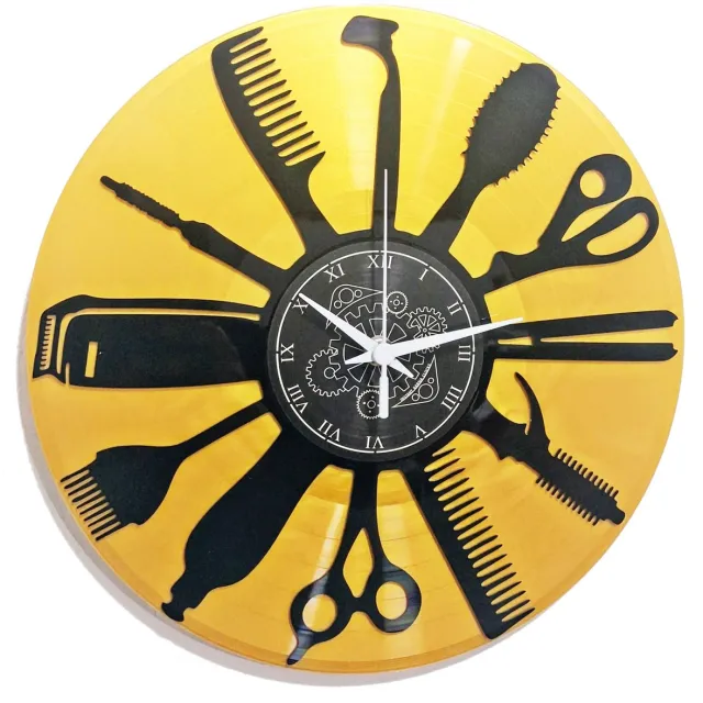 Instant Karma Clocks Instant Karma Klokken | Kapsalon ➤ Wandklok voor kapper | Schoonheidssalon | Kapsalon | Vintage design cadeau-idee met niet-tikkende wijzerplaat (zwart en goud B5)