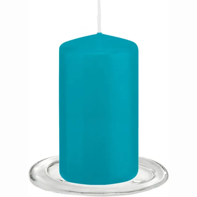 Trend Candles Stompkaarsen met glazen onderzetters set van 2x stuks Turquoise blauw 6 x 12 cm