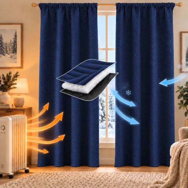 MUPOO Isolerende Gordijnen Kant-en-Klaar-Verduisterende Gordijnen 3-Laags 370GSM-Thermische Gordijnen Warmte-Isolerend -Geluiddempend-Plooiband&Achterlussen-Visgraat Overgordijnen voor Woonkamer,Slaapkamer&Eetkamer-Marineblauw-140Bx260H cm-1 Stuk Donkerblauw-1 stuk