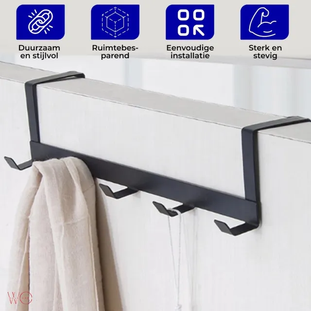 Waledano® Deurkapstok met 5 Deurhaken in zwart metaal - Hangkapstok - Deurhanger Kapstok voor Handdoek en Kleding - Zwart