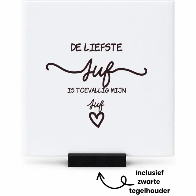 Hacebo Juf cadeau tegeltje met tegelhouder - Juf - De liefste Juf - tegeltjes met tekst - Juf cadeau - Juf - Juf cadeautjes - Juf verjaardag - liefste Juf - Bonusjuf - Leuk kado om te geven - spreuktegels - 10.8x10.8 CM Wit