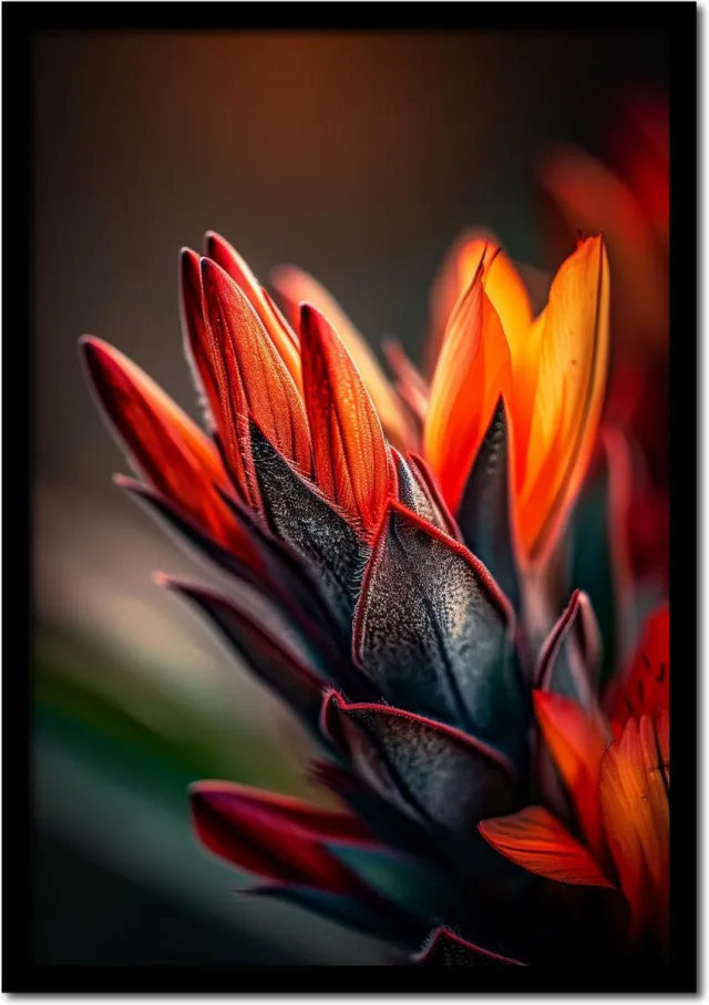 Plakkers Poster fel oranje bloem met zwarte bladeren - 50cm x 70cm - vintage - woonkamer - slaapkamer - bloemen posters - goedkoop - muurposter - natuur - wanddecoratie Full-colour