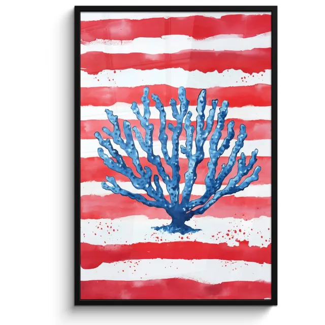 FrameYourWall Poster in lijst - Fotolijst 80x120 cm - Posters - Koraal - Verfstructuur - Rood - Blauw - Posterlijst zwart - Decoratie - Wanddecoratie woonkamer - Muurdecoratie slaapkamer Koraal - Strepen