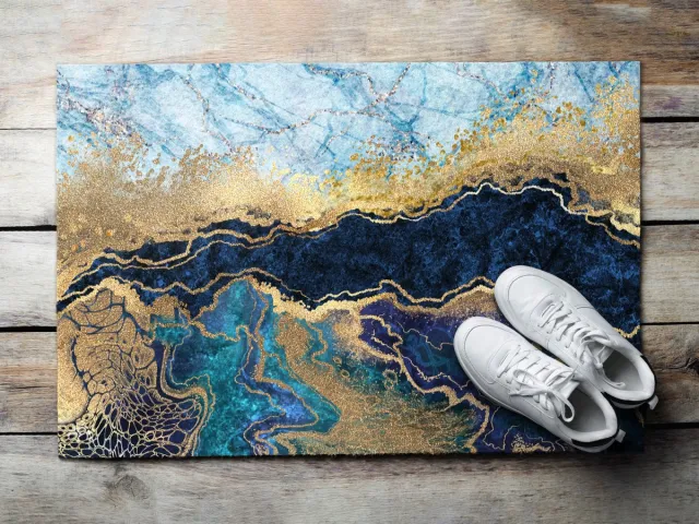 Coloray Buiten Deurmat - Blauw Buitendeurmat Design - Blauwe Marmer Onderhoudsvriendelijke Deurmat - Design Element Voor De Hal - Buitenmat Voor Alle Seizoenen - Weerbestendige Deurmat Met Print - 60x40 cm Blauw - Blauwe Marmer