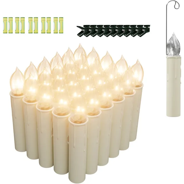 NAIZY 30-delige LED-kerstboomkaarsen, draadloze drijvende kerstkaarsen, vlamloos met afstandsbediening, op batterijen, warm witte kerstboomverlichting met haken, clips en batterij Met batterij