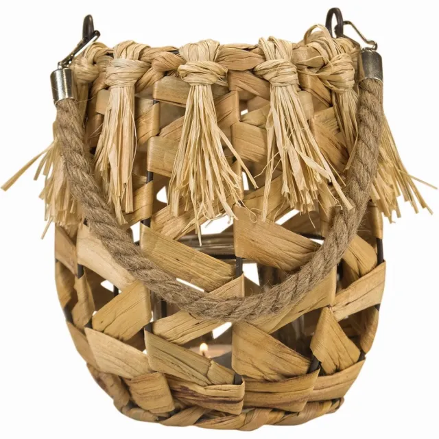 Mars & More waterhyacinth windlicht rond franjes 18cm Bruin