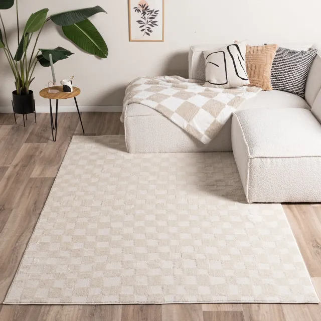 Fraai Japandi vloerkleed - Yori Checkerboard Creme - 140x200cm Crème