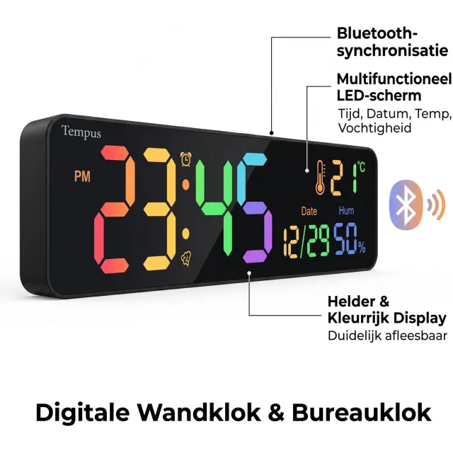 kitazone Digitale RGB LED Wandklok & Bureauklok met Bluetooth (36 cm) - Wekker met Afstandsbediening, Temperatuur & Luchtvochtigheid - 12 Kleuren - Rechthoekig - Zwart Zwart, blutooth, rechthoekig
