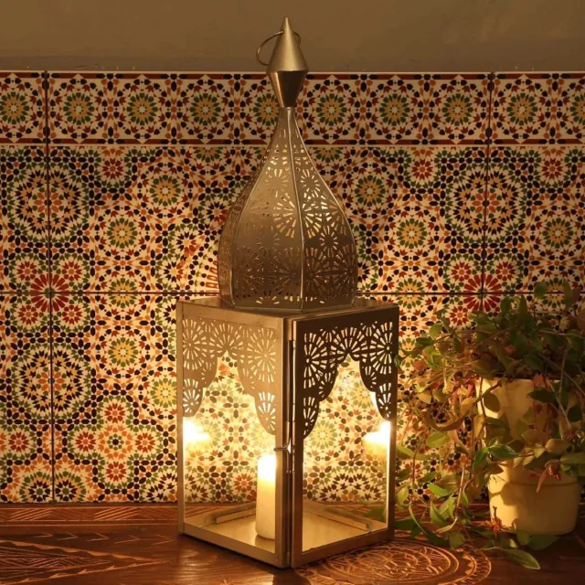 Orientflair Oosters windlicht Modena Zilver L hoogte 45 cm minaretten vorm | Marokkaanse glazen lantaarn als uit 1001 nacht