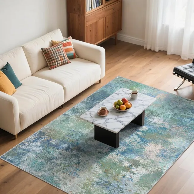 GENIMO Vloerkleed voor woonkamer Wasbaar laagpolig tapijt, onderhoudsvriendelijk, geschikt voor slaapkamer, keuken en eetkamer, Blauwgroen,160X230CM