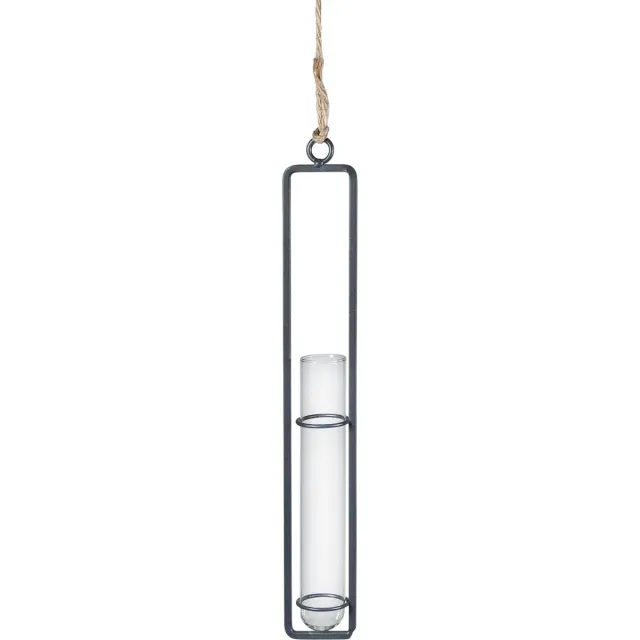QUVIO Hangend vaasje - Vaas - Vazen - Glazen vaas - Vaas glas - Bloemenvaas - Vaasje - Stekken - Decoratieve accessoire - Met metalen frame - 2,5 x 27 cm (dxh) Antraciet