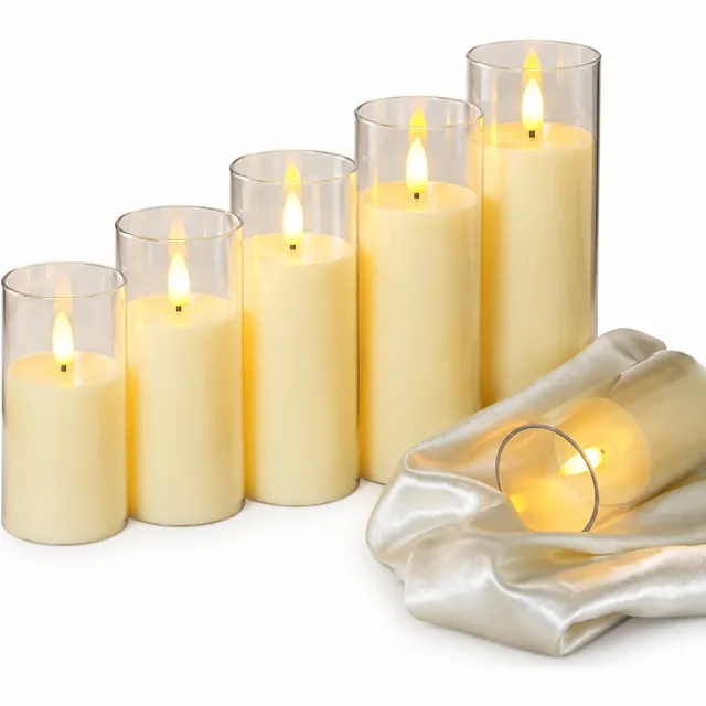 SWGOTA led kaarsen, set van 5 met transparante huls en ivoorkleurige kaarsvorm, diameter 5,5 cm, hoogtes 10 tot 20 cm, op batterijen