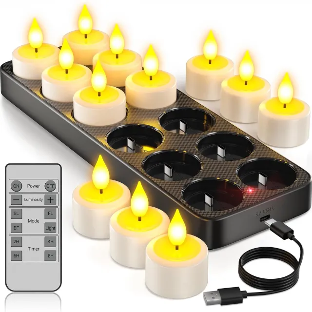 QEVA Theelichtjes Oplaadbaar - LED Theelichtjes - Oplaadbare Kaarsen - Wit - 40cm x 40cm x 55cm Set van 12 ivoorwit