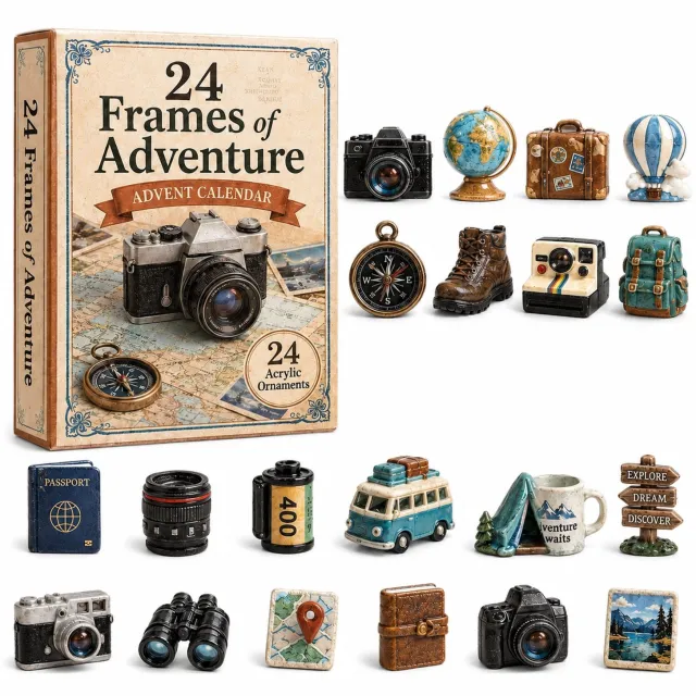 SWGOTA Adventskalender met camera- en kaartthema, 24 reisdecoraties, met doos van 26 x 18 x 3 cm Meerkleurig