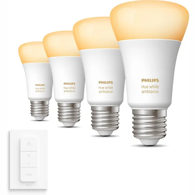 Philips Hue Uitbreidingspakket - E27 - met 4 Standaard Lampen - Warm tot Koelwit Licht - Incl. 1 Hue Dimmer Switch - Hue White Ambiance
