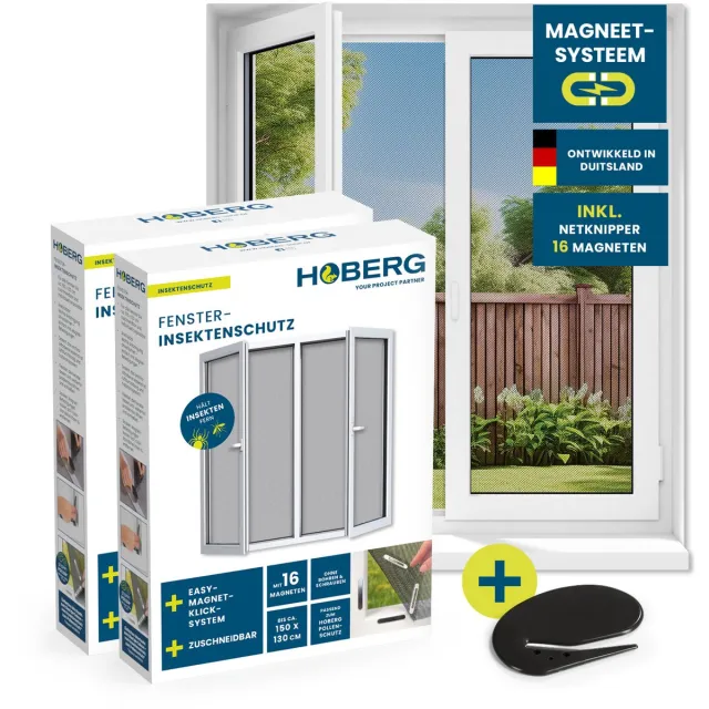 Hoberg Venster vliegennet met innovatieve magneetsluiting | Vliegennet kan individueel op maat worden gesneden tot 150 x 130 cm, zonder boren of schroeven | Bevestiging met 16 magneten, zwart, 2 stuks