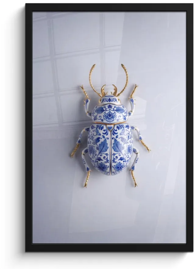 FrameYourWall Poster in lijst - Fotolijst 40x60 cm - Posters - Kever - Delfts - Blauw - Goud - Posterlijst zwart - Decoratie - Wanddecoratie woonkamer - Muurdecoratie slaapkamer