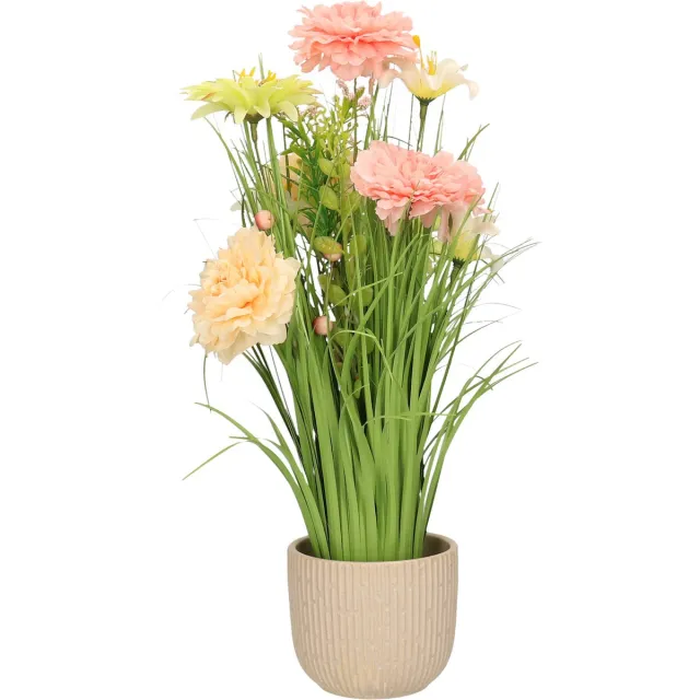 Everlands Kunstbloemen boeket roze - in pot mat wit - keramiek - H40 cm