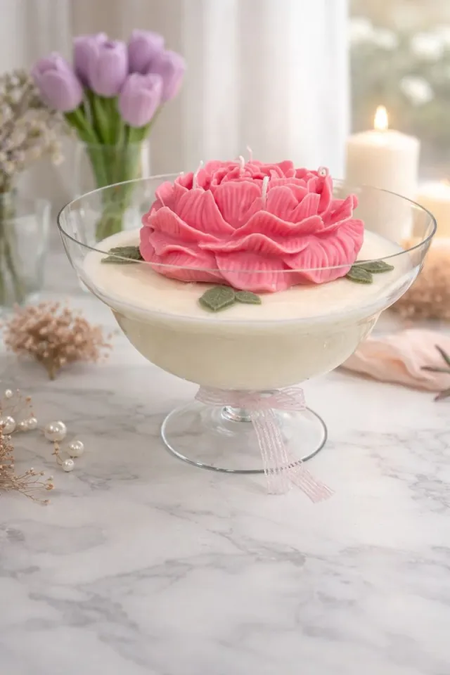 Lumen and Lux Candles Elegante schaal met pioenroos kaars – sfeervolle decoratie - Moederdag Ivoor, Roos, Groen