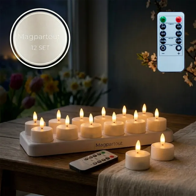 Magpartout LED Waxinelichtjes Oplaadbaar voor Horeca – 3D Nep Kaarsen levensecht met Afstandsbediening- Timer - incl. Flikkerstand – 12 Stuks – Tot 100 Branduren Wit