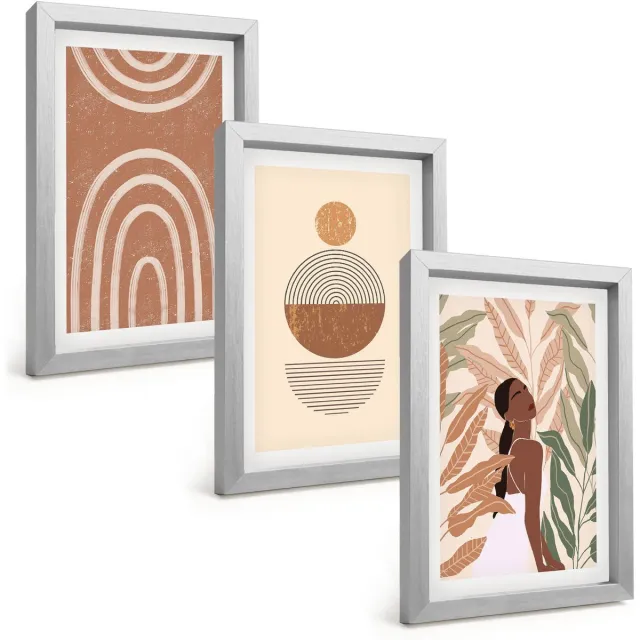 TULUP 4-Delige Schilderij Set - Stijlvolle patronen met plantmotieven en geometrische vormen. - 20 x 30 cm - Muurdecoratie - Decoratieve Schilderijen - Wohnzimmer - Interieur Decoratie Zilveren lijst