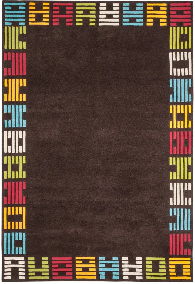 Padiro design laagpolig vloerkleed 170 x 240 cm - donkerbruin - grafisch tekstontwerp - voor vloerverwarming - van modacryl, polyester en katoen
