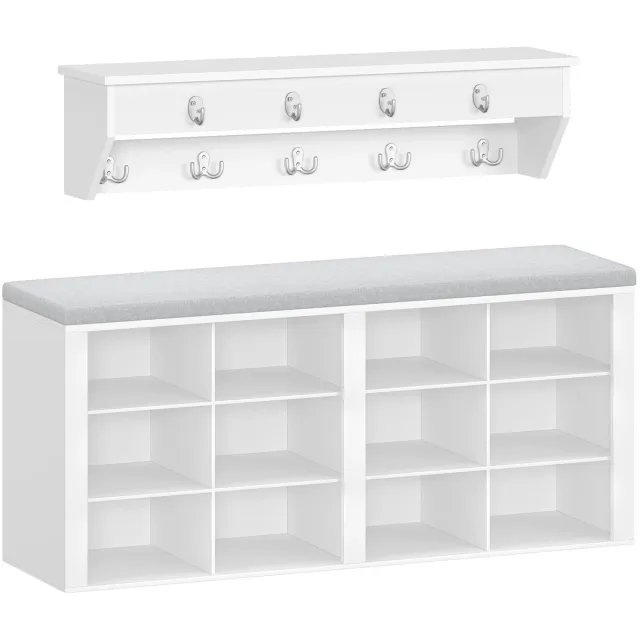 NaevaMi Kapstok met Bank - Wandkapstok - Kapstok Hangend - Kapstok met Schoenenrek - Schoenenbank - Kapstok met 9 Haken - Kapstok Muur - Afmeting Bank 30x104x49cm - Afmeting Kapstok 8x80x20cm - Wit/Grijs Wit | Grijs