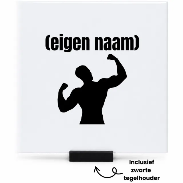 Hacebo fitness man met eigen naam tegeltje met tegelhouder - Fitness - atleten/sport liefhebbers - tegeltjes met tekst - sport - fitness - bodybuilder - verjaardag - cadeau - kado - spreuktegels - 15x15 CM Wit
