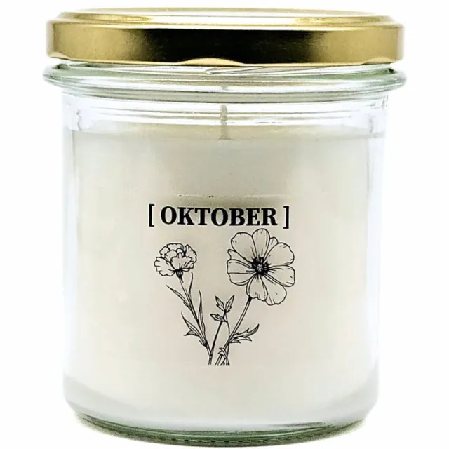 Candlelight-on geurkaars met geboortebloem en geboortedatum - 31 oktober - o.b.v. sojawas en etherische oliën Wit