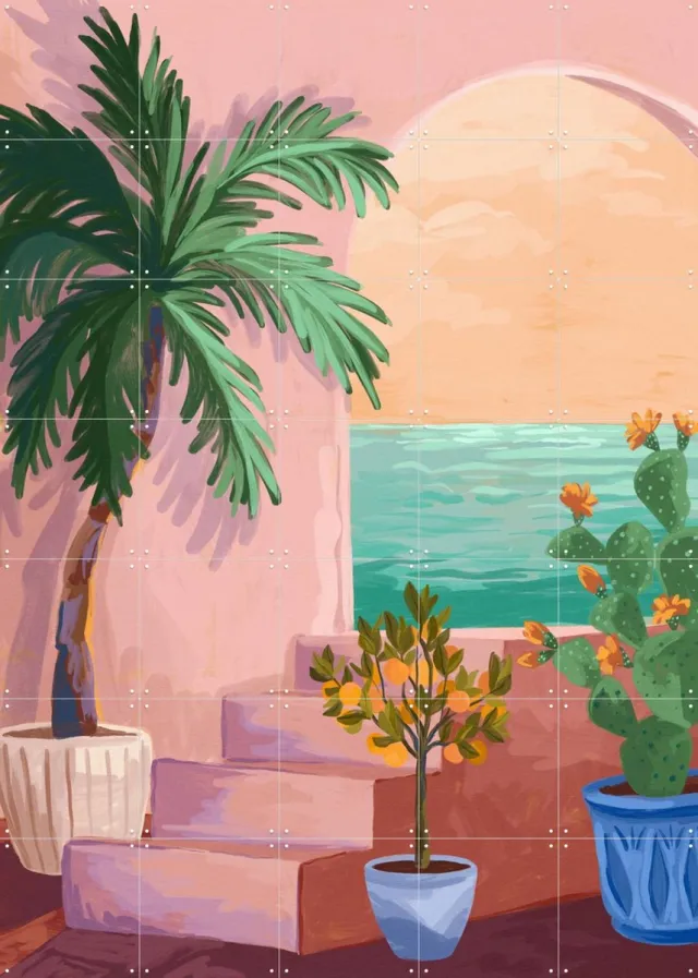 IXXI Stairway to Paradise, Goed Blauw - 100 x 140 cm - Grote wanddecoratie en posters - Digitale Kunst, Illustraties, Speels, Trap, Woonkamer, Cactus Roze / Blauw / Groen