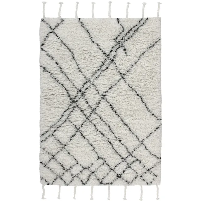 Padiro pluizig hoogpolig vloerkleed - crème / offwhite - geometrisch boho-patroon - met franjes - voor vloerverwarming - van wol en katoen beige