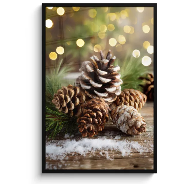 FrameYourWall Poster in lijst - Fotolijst 80x120 cm - Posters - Dennenappels - Kerstsfeer - Bruin - Groen - Posterlijst zwart - Decoratie - Wanddecoratie woonkamer - Muurdecoratie slaapkamer - Kerstversiering - Kerstdecoratie voor binnen - Kerstmis