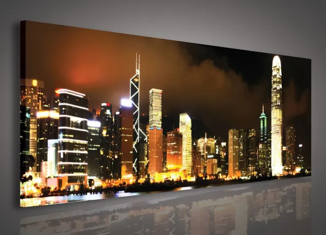 Canvas Schilderij - Hong Kong - Stad - Steden - Skyline - Inclusief Frame - 145x45cm (lxb) Blauw
