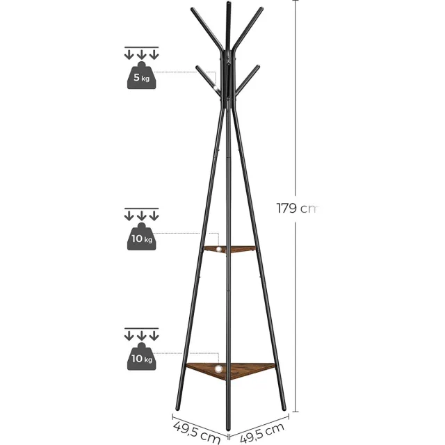 MIRA home MIRA Kapstok Staand - Vrijstaande Kapstok met 2 Planken - Industrieel Vintage - Zwart - 179 cm Hoog