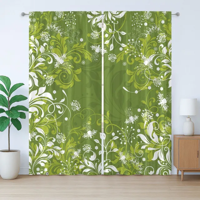 ABAKUHAUS Groen Rustiek Gordijn, Abstract Bloemenpatroon, met Bandjes, Lusjes en Haken voor de Woonkamer, 280 x 225 cm, Appelgroen Varengroen