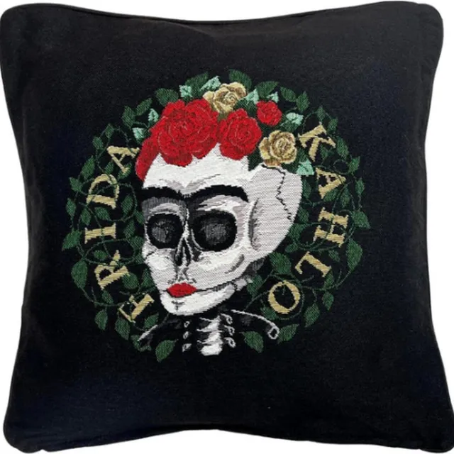 Signare Kussenhoes - Frida Kahlo - Gobelinstof - Schedel - Rode Rozen - zwarte achtergrond- 45 x 45 cm