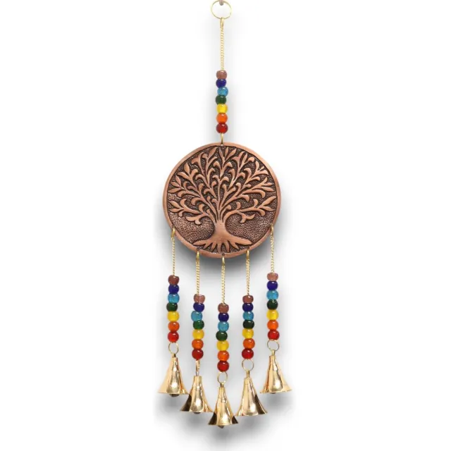 Ancient Wisdom Windgong - Indiase klokkenspel met chakra kralen en 5 bellen - meditatie - rust - harmonie - decoratie - geluid - klank multicolor