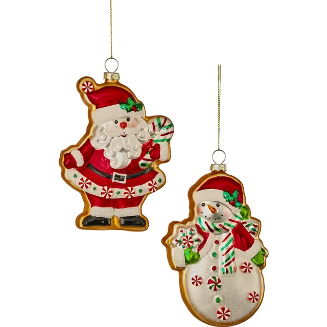 Viv! Christmas Kerstornament - Kerstman & Sneeuwpop Koekjes - set van 2 - glas - rood wit bruin - 14cm