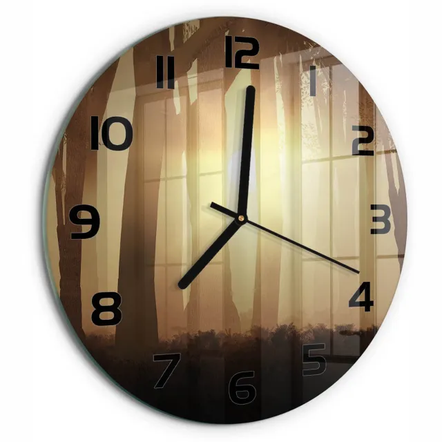 TULUP Wandklok - Mist in het bos Glazen Klok Met Print - fi30 cm - Bruin Wandklok Glas Met Motief - Zwarte handen - Ronde Klok - Wandklok Glas Decoratie - Gekleurde Glazen Klok