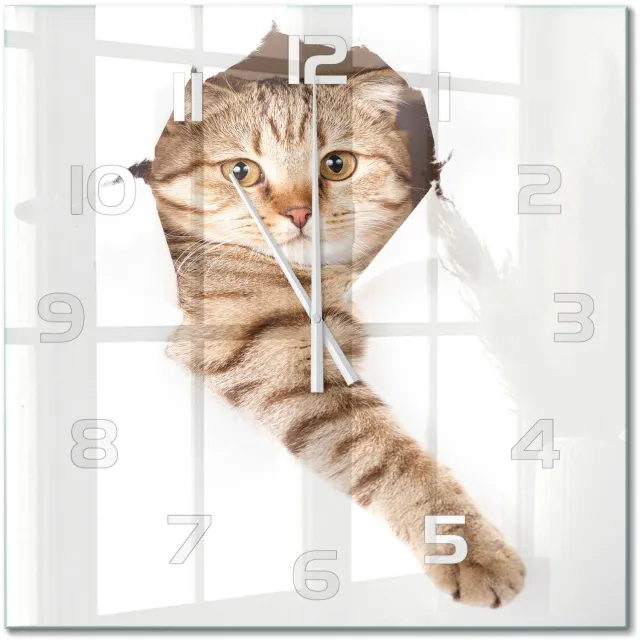 TULUP Wandklok - Kat Glazen Wandklok Design - 60x60 cm - Beige Klok Glas Met Opdruk - Witte handen - Vierkante Klok - Wandklok Glas Met Motief - Decoratieve Glazen Klok
