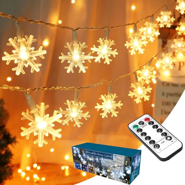 HisKes neeuwvlok LED Lichtslinger 6 Meter - 40 LED Warm Wit Kerstverlichting op Batterijen, Afstandsbediening - 8 Lichtstanden - Waterdicht Binnen en Buiten - Fonkelende Kerstsfeerverlichting voor Kerstboom - Raam - Woonkamer - Kerstfeest en Winterbruiloft