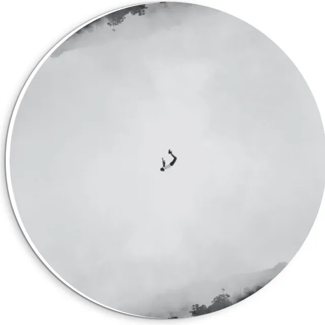 KuijsFotoprint Forex Wandcirkel - Vliegende Man (zwart/wit) - 20x20cm Foto op Wandcirkel (met ophangsysteem)